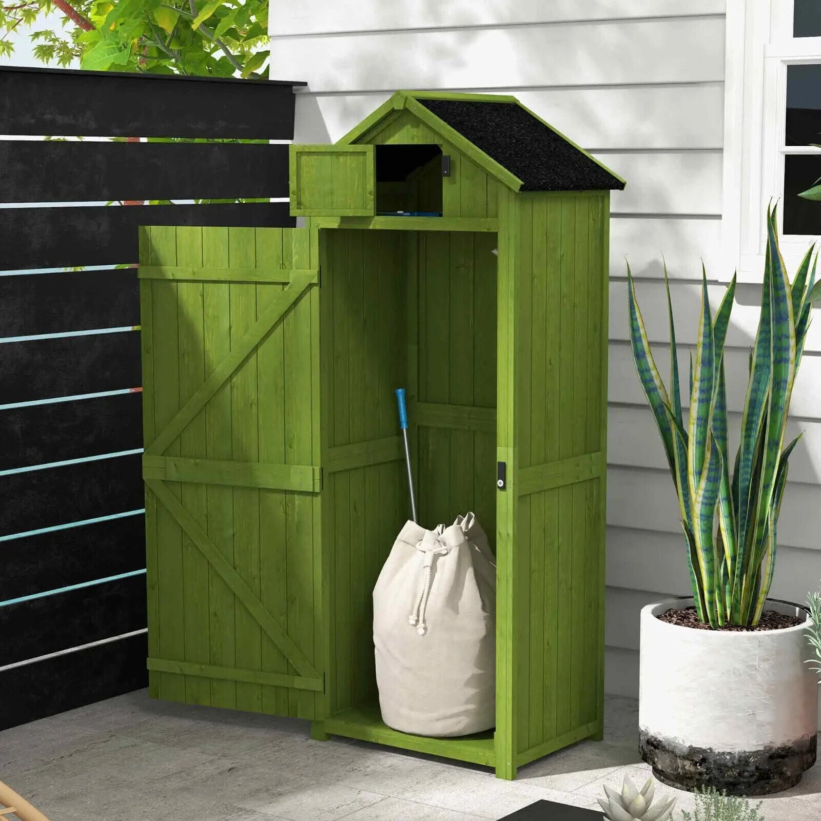 Garden Storage Shed Fir Wood Vertical Utility w/ Tool Storage & 3 Shelves Green