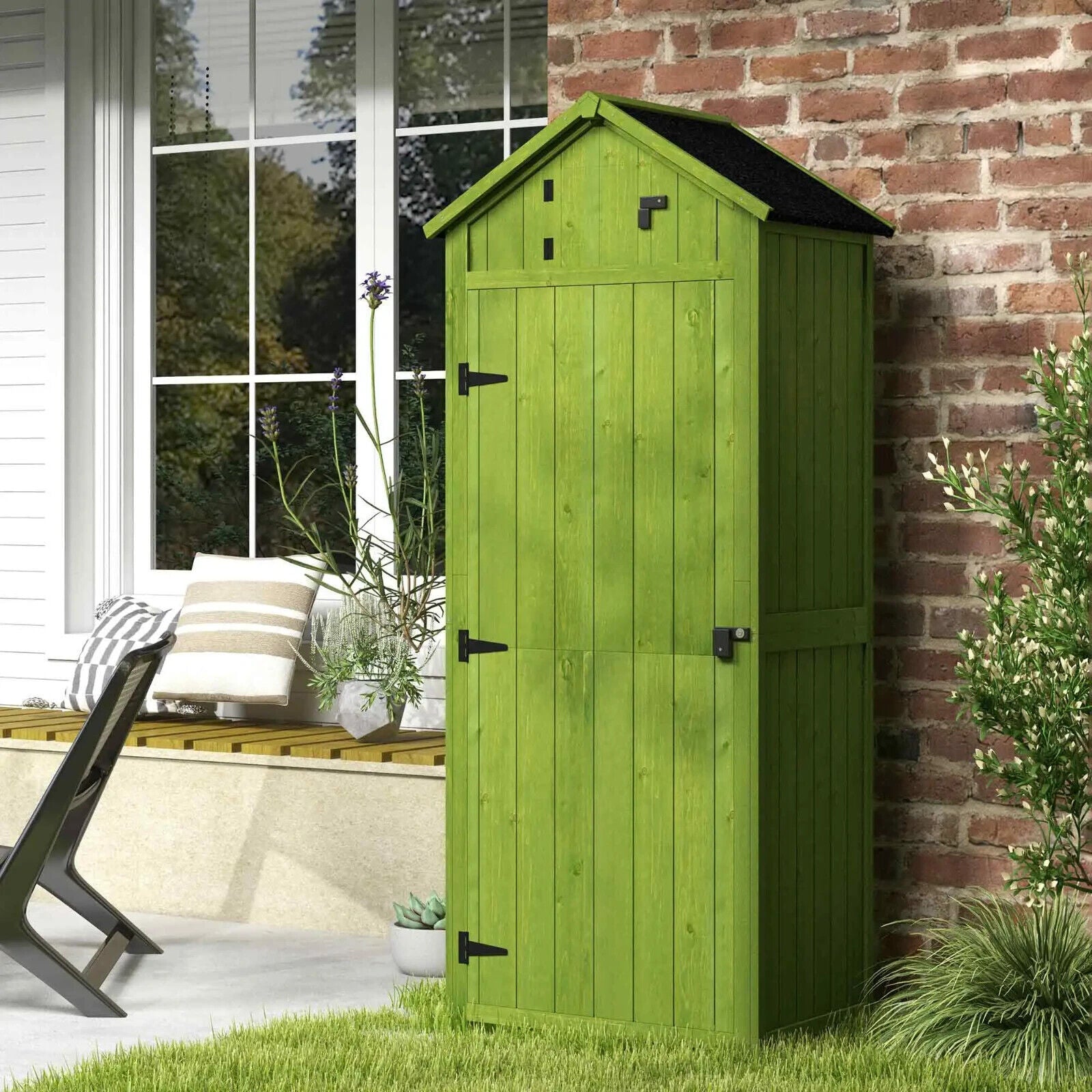 Garden Storage Shed Fir Wood Vertical Utility w/ Tool Storage & 3 Shelves Green