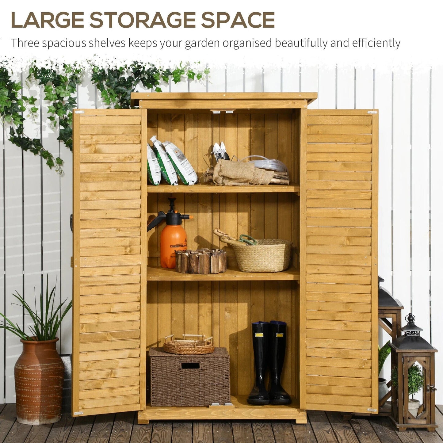Garden Storage Shed Wooden Lockable Double Doors w/ 3-Tier Shelves Natural wood