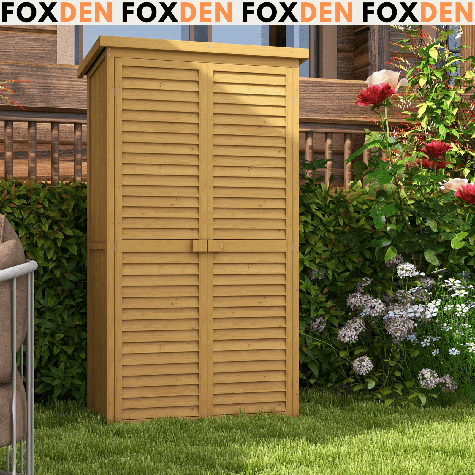 Garden Storage Shed Wooden Lockable Double Doors w/ 3-Tier Shelves Natural wood