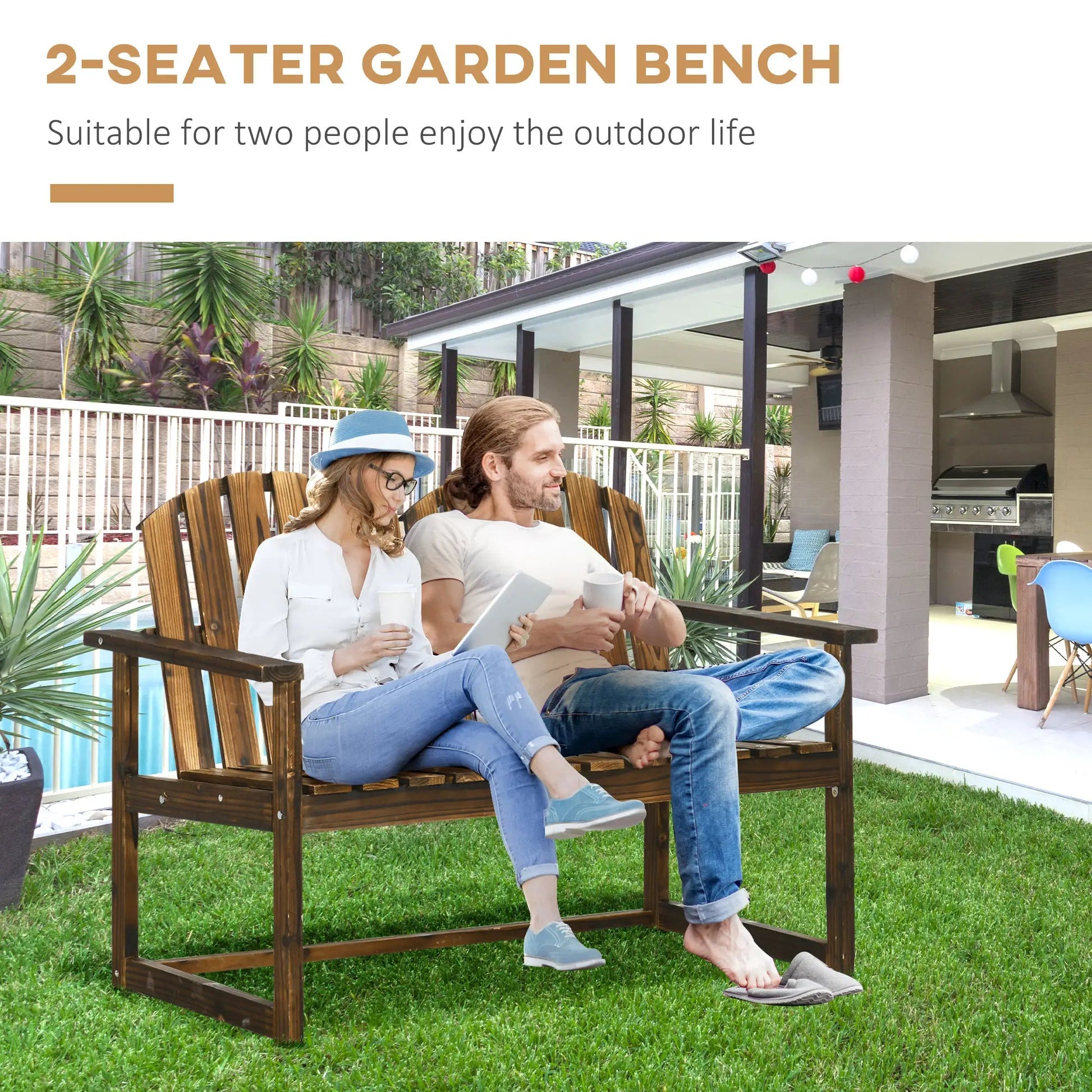 Outsunny Wooden Patio Seat, 2 Seater Garden Bench in Natural Wood – Outdoor Furniture with Slatted Backrest and Ergonomic Armrests, Durable Fir Wood Construction for Garden and Porch Seating