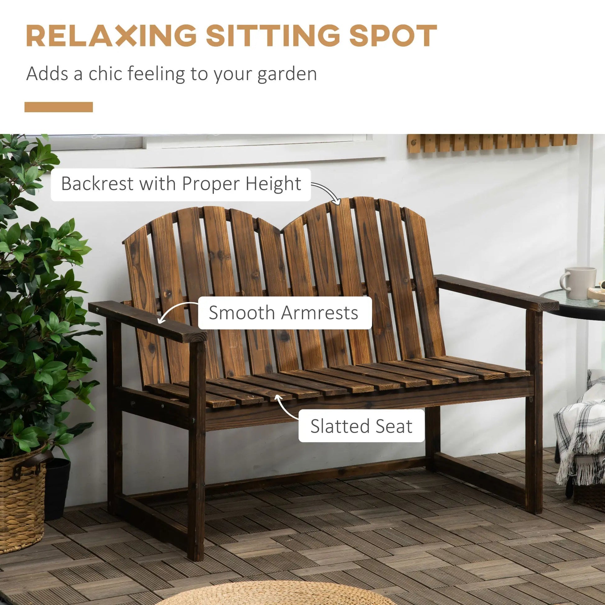 Outsunny Wooden Patio Seat, 2 Seater Garden Bench in Natural Wood – Outdoor Furniture with Slatted Backrest and Ergonomic Armrests, Durable Fir Wood Construction for Garden and Porch Seating