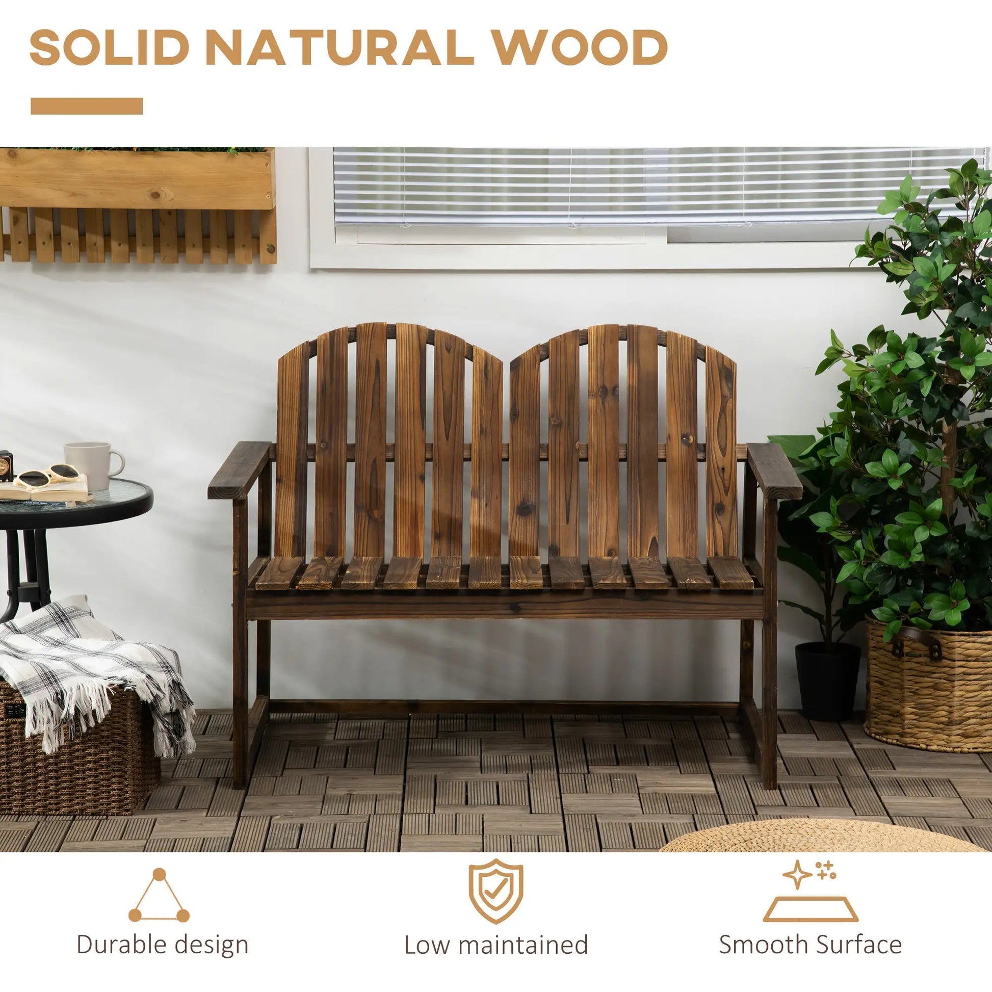 Outsunny Wooden Patio Seat, 2 Seater Garden Bench in Natural Wood – Outdoor Furniture with Slatted Backrest and Ergonomic Armrests, Durable Fir Wood Construction for Garden and Porch Seating