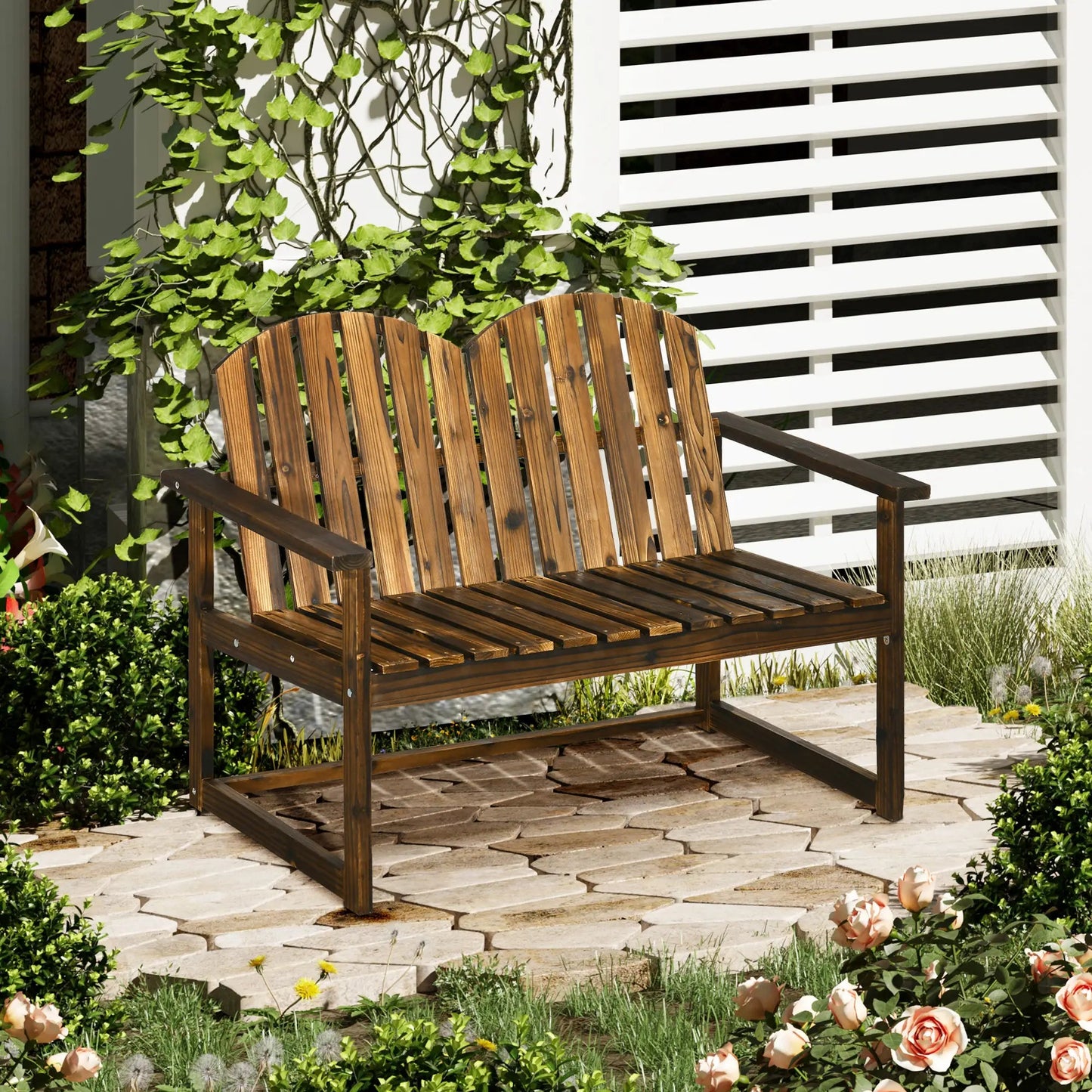 Outsunny Wooden Patio Seat, 2 Seater Garden Bench in Natural Wood – Outdoor Furniture with Slatted Backrest and Ergonomic Armrests, Durable Fir Wood Construction for Garden and Porch Seating