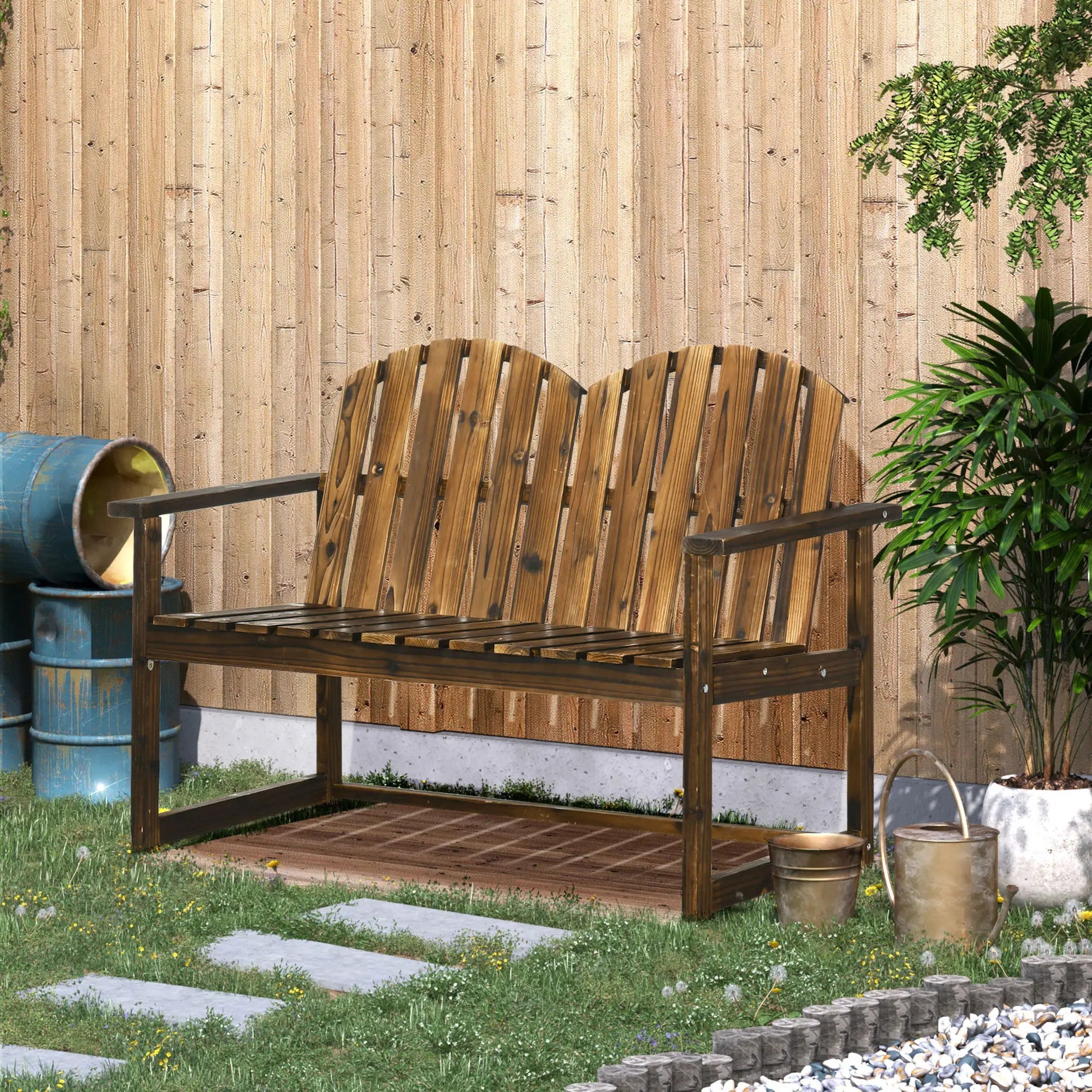 Outsunny Wooden Patio Seat, 2 Seater Garden Bench in Natural Wood – Outdoor Furniture with Slatted Backrest and Ergonomic Armrests, Durable Fir Wood Construction for Garden and Porch Seating