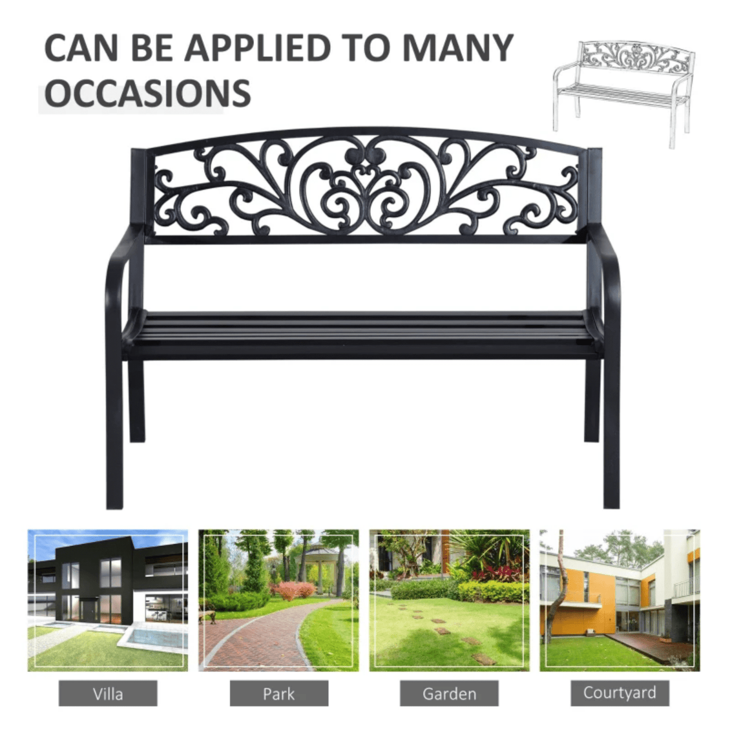 Vintage Metal Bench 2 Seater Love Seat French Garden Furniture Patio Seating